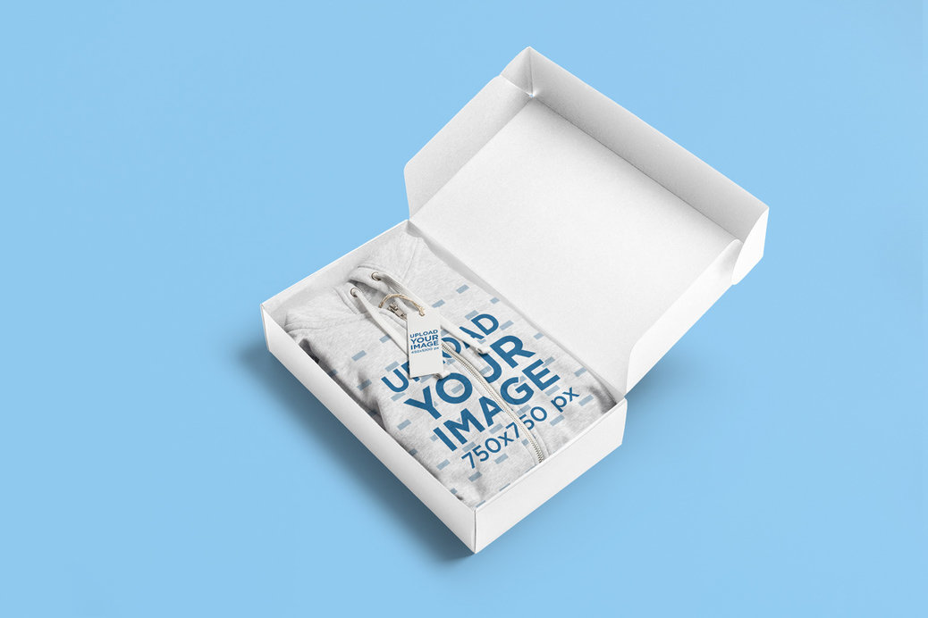 Mockup of a Full-Zip Hoodie with a Brand Tag Inside a Box 