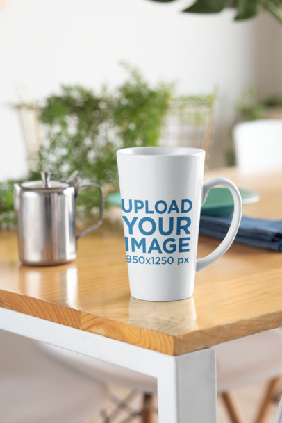 Mockup of a 15 oz Coffee Mug Placed on a Modern Wooden Table 