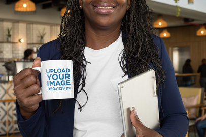 Cropped Face Mockup Featuring a Businesswoman Holding an 11 oz Coffee Mug 