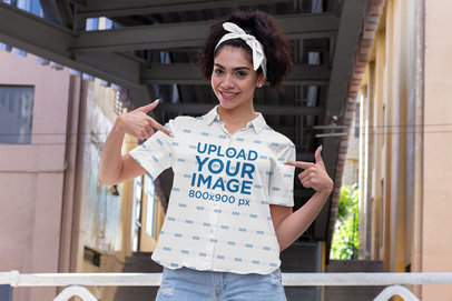 Button-Up Shirt Mockup of a Woman Under a Bridge
