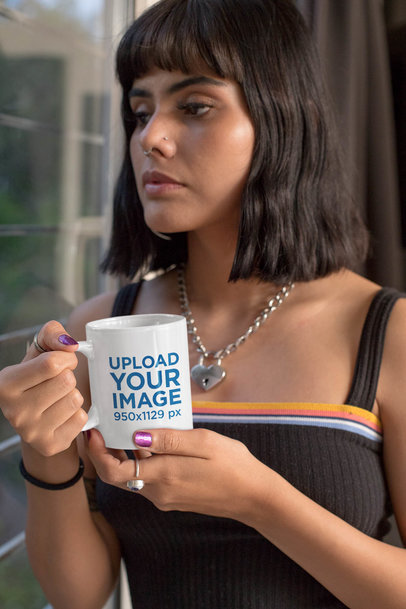 11 oz Mug Mockup Featuring a Serious Woman with Short Hair 33328