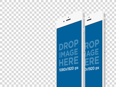 Two iPhone Plus in Angled Portrait Position Over a PNG Background Responsive Mockup a12394