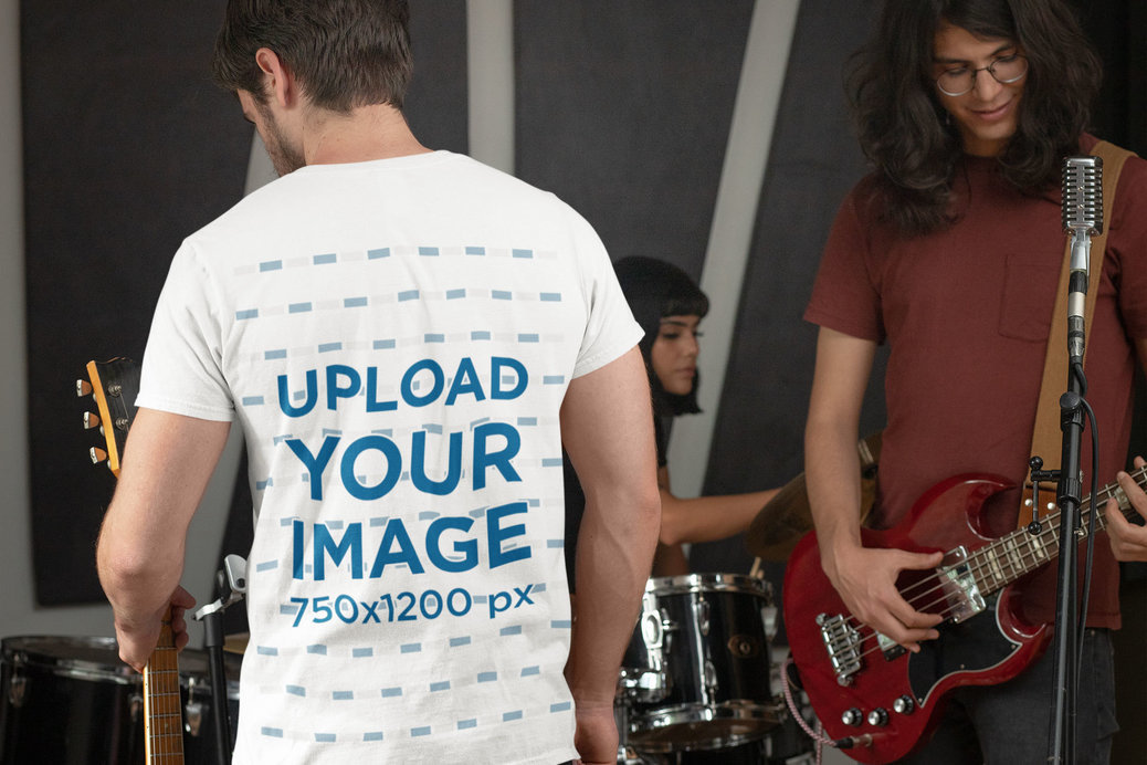 Back-View T-Shirt Mockup Featuring a Man in a Rock Band