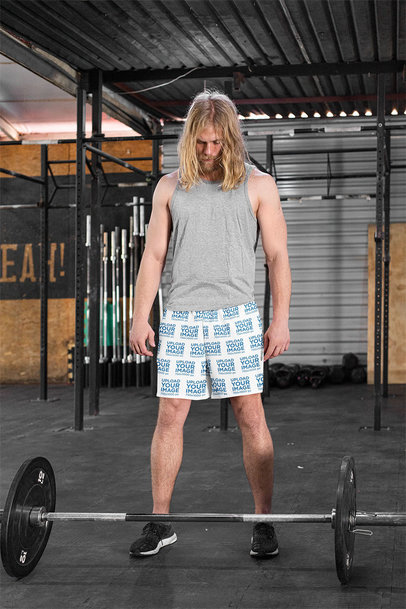Shorts Mockup of a Long-Haired Man Training with a Barbell