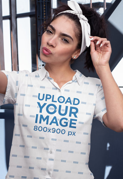 Button-Up Shirt Mockup of a Woman Taking a Selfie
