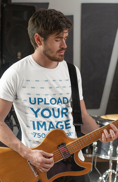 T-Shirt Mockup Featuring a Musician Playing an Electric Guitar
