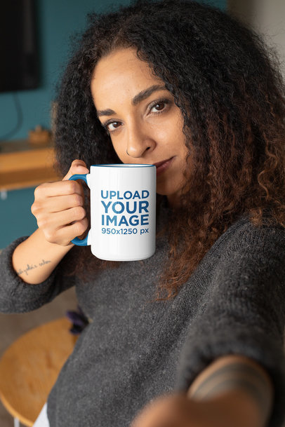 Colored Rim 15 oz Mug Mockup Featuring a Serious Woman