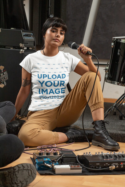 T-Shirt Mockup of a Woman with a Microphone 