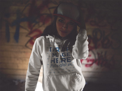 Trendy Woman with a Hat and Hoodie Mockup in the Dark