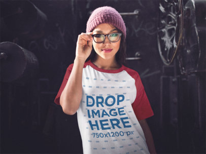 Raglan T-Shirt Mockup of a Trendy Woman Wearing a Beanie