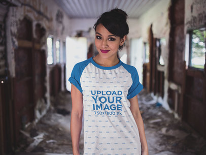 Raglan Tee Mockup of a Young Woman Inside an Abandoned Train