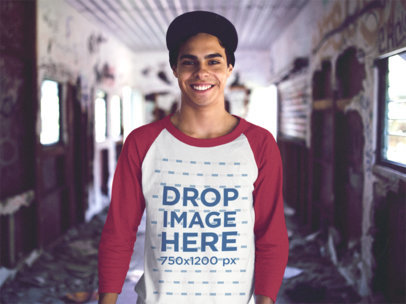 Raglan Long Sleeve Mockup of a Young Man Inside an Abandoned Train a12517