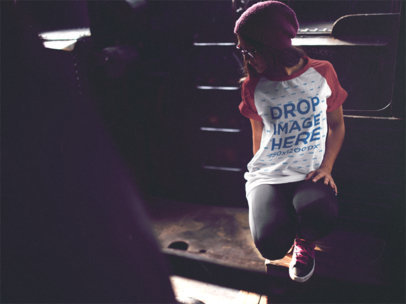Raglan Tee Mockup of a Woman with a Beanie Looking Away 