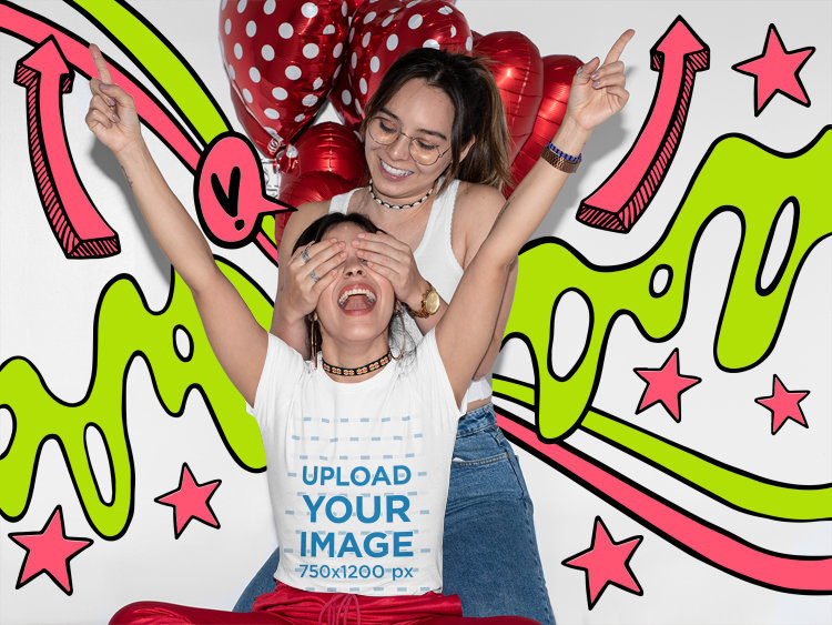 T-Shirt Mockup Featuring a Joyful LGBT Couple Surrounded by Illustrated Doodles