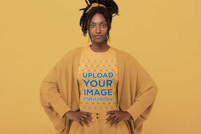 Monochromatic Mockup Featuring a Woman Wearing a Customizable T-Shirt at a Studio