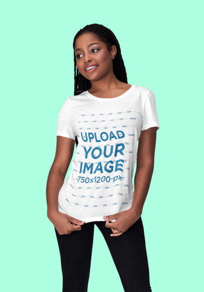 Mockup of a Young Woman Wearing a Customizable T-Shirt at a Studio
