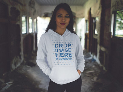 Pullover Hoodie Mockup of a Woman Inside an Abandoned Wagon