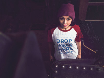 Raglan T-Shirt Mockup of a Young Woman Wearing a Beanie