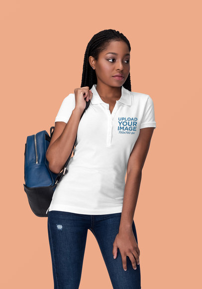 Polo Shirt Mockup Featuring a Serious Woman in a Studio