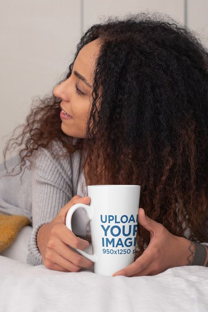 Mockup of a Woman Holding a 15 oz Conical Mug