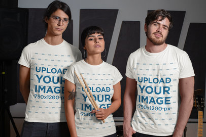 Mockup Featuring Three Musicians Wearing Customizable T-Shirts 
