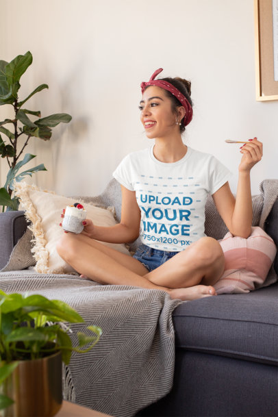 T-Shirt Mockup of a Young Woman Having a Healthy Dessert at Home