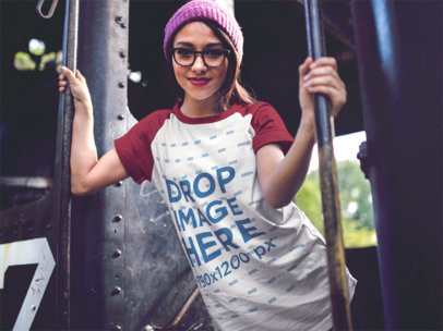 Raglan T-Shirt Mockup of a Trendy Woman Holding on to a Train
