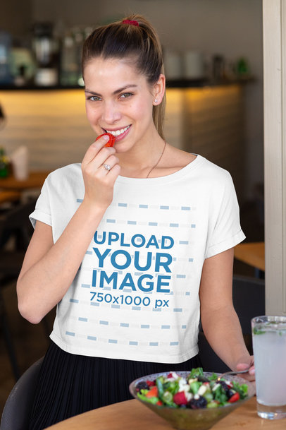 Crop Top Mockup Featuring a Woman Eating a Salad