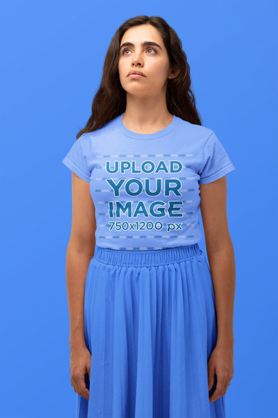 Monochromatic T-Shirt Mockup Featuring a Woman Looking Up 