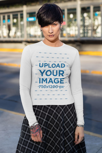 Long Sleeve Tee Mockup of an Androgynous Woman with a Long Skirt