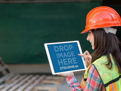 iPad Mockup in Landscape Position of a Female Worker Outside a Construction
