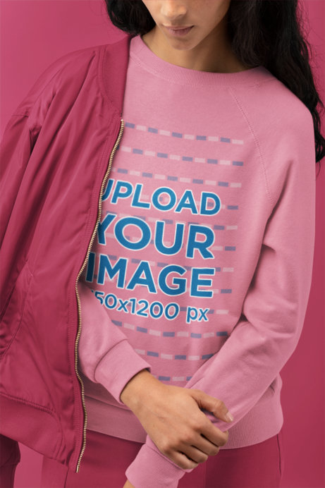 Monochromatic Mockup of a Woman with Long Hair Wearing a Sweatshirt Against a Magenta Setting