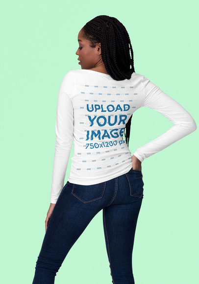 Long Sleeve Tee Mockup of the Back of a Young Woman at a Studio