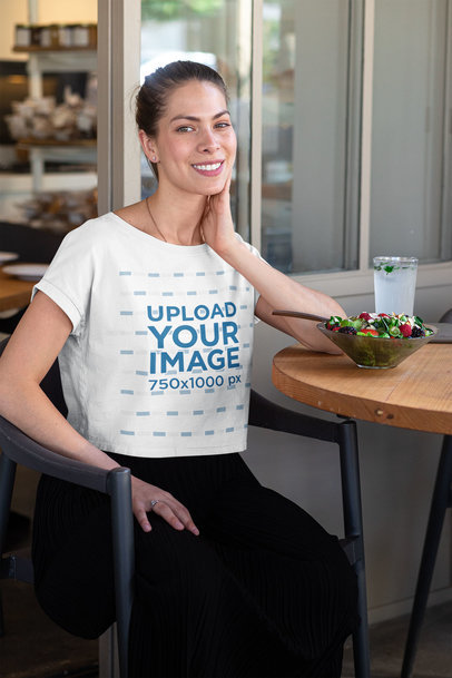 Crop Top Mockup of a Woman at a Restaurant Eating a Fresh Salad 
