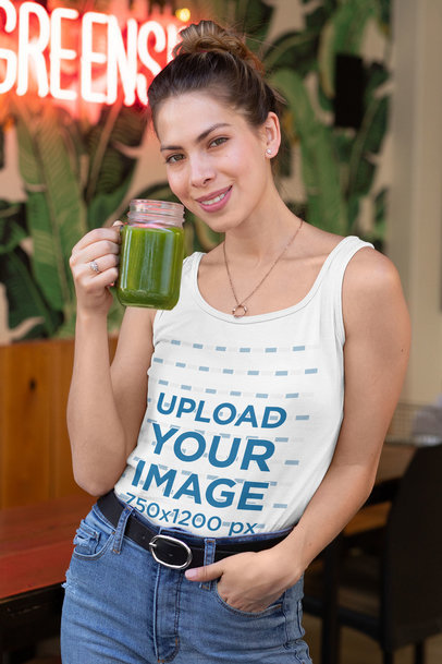 Tank Top Mockup of a Smiling Woman Drinking a Smoothie