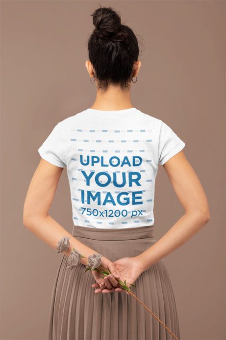 Back View T-Shirt Mockup Featuring a Woman Holding Some Flowers in a Monochromatic Setting 