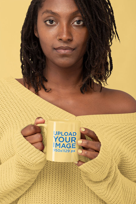 Monochromatic Mockup of a Serious Woman Holding an 11 oz Coffee Mug 
