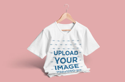 V-Neck T-Shirt Mockup Featuring a Clothing Hanger and a Solid Color Backdrop 3674-el1