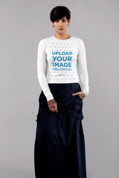 Long Sleeve Tee Mockup Featuring an Androgynous Woman at a Studio