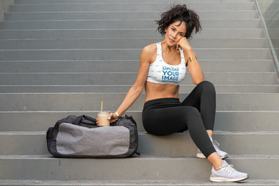 Sports Bra Mockup Featuring a Fit Woman by a Stairway