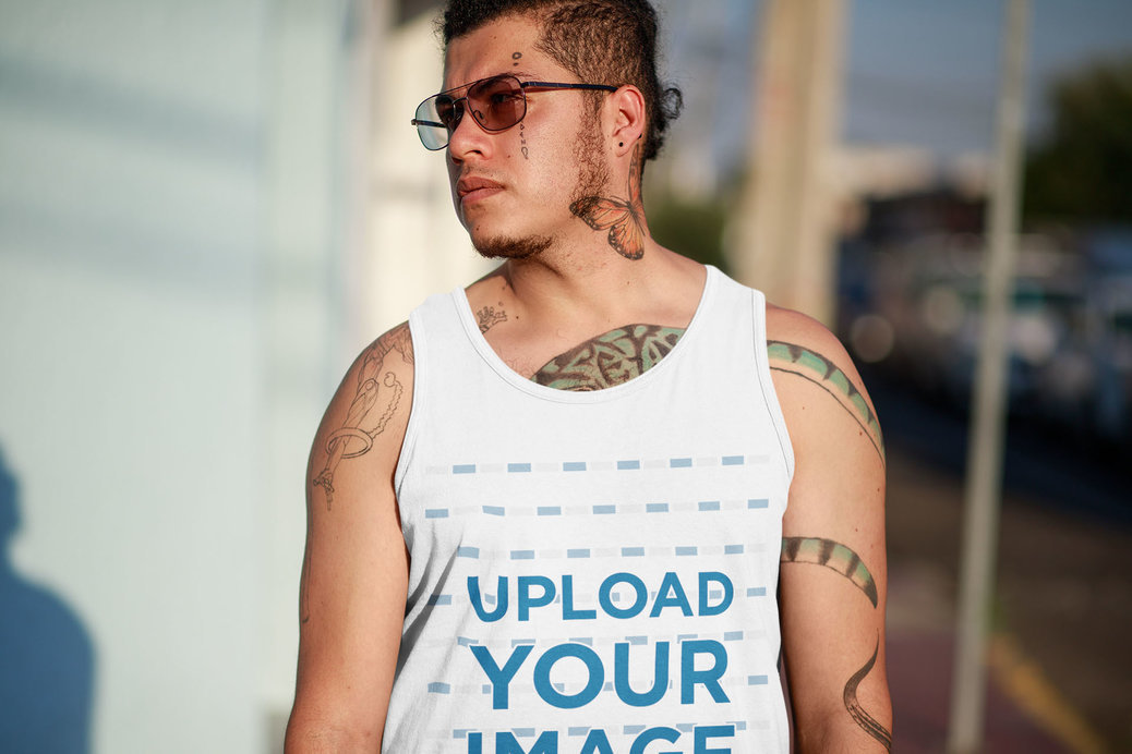 Tank Top Mockup of a Tattooed Man Wearing Sunglasses 