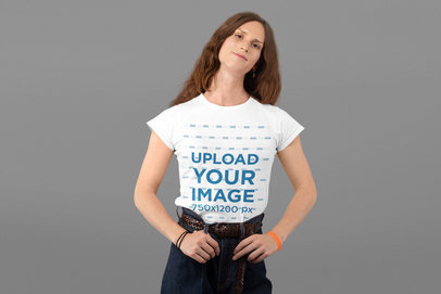T-Shirt Mockup Featuring a Woman with Long Hair at a Studio