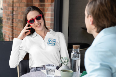 Long-Sleeve Polo Shirt Mockup Featuring a Woman with Sunglasses 33461