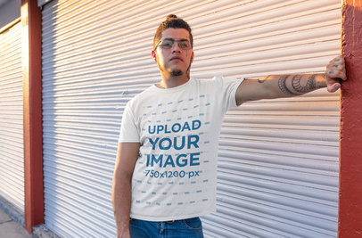T-Shirt Mockup of a Man with a Head Bun in a Cool Pose 