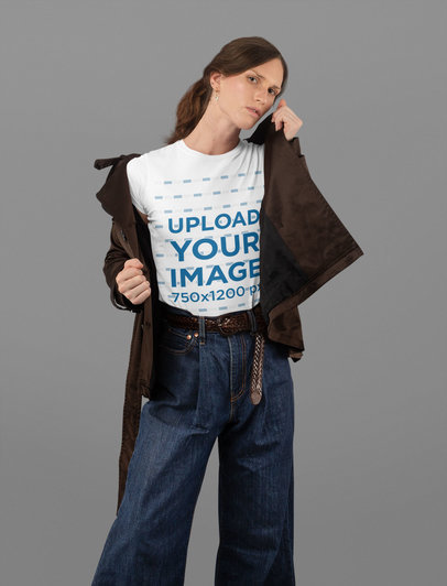 T-Shirt Mockup of a Woman at a Studio with Wide Leg Jeans