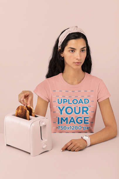 Monochromatic T-Shirt Mockup Featuring a Woman with Some Toasts