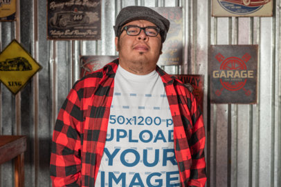 Mockup Featuring a Man Wearing a Customizable Tee and a Flannel Shirt at a Bar 