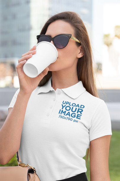 Polo Shirt Mockup Featuring a Woman with a Beverage 33537