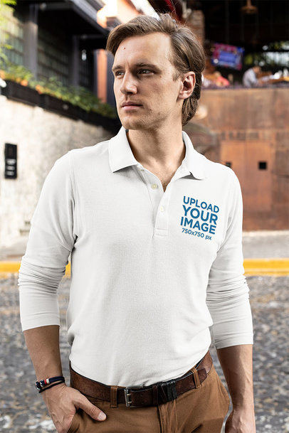 Mockup of a Serious-Looking Man Wearing a Long Sleeve Polo Shirt
