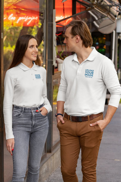 Long Sleeve Polo Shirt Mockup of a Couple on the Street